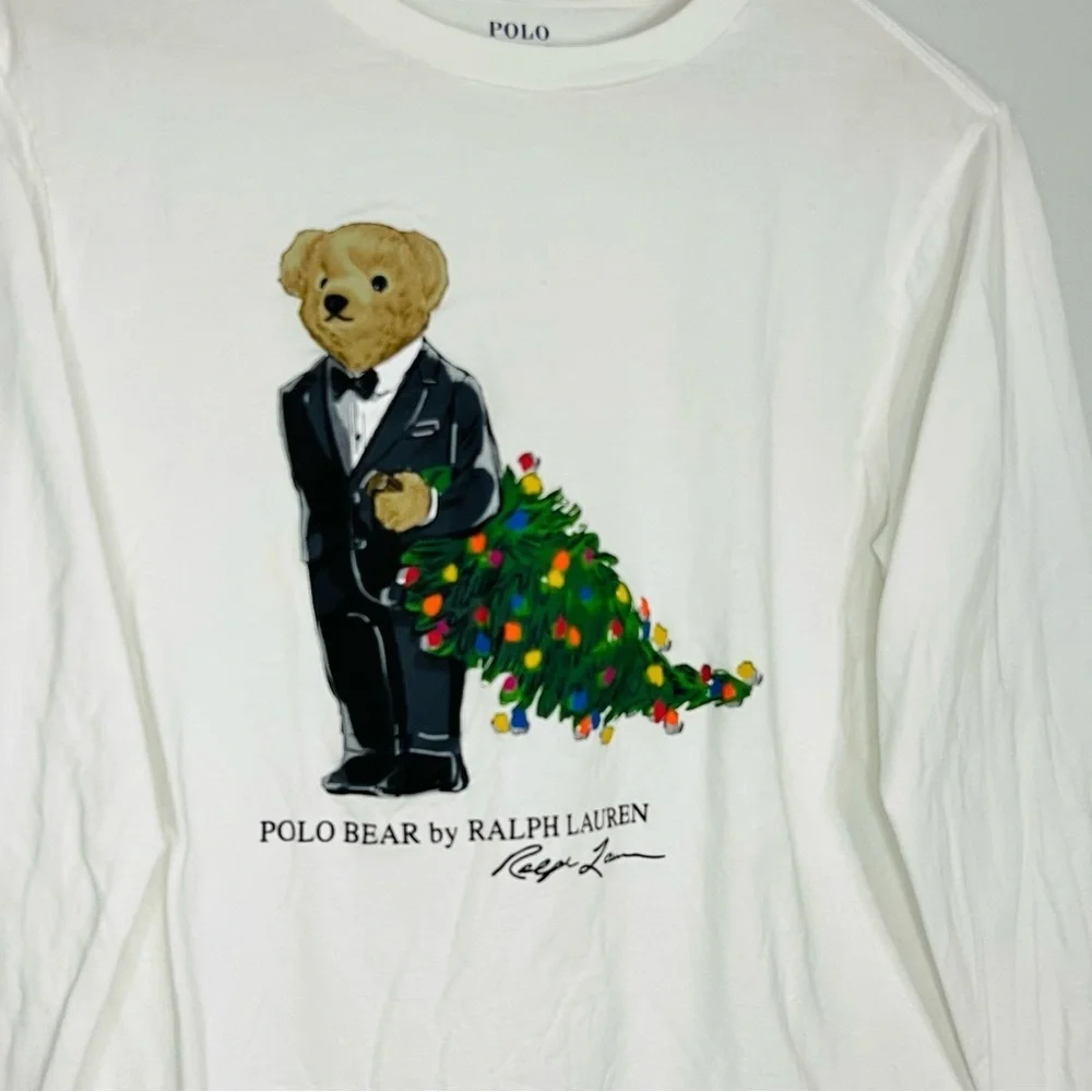 Polo by RL Kids White Bear Christmas Graphic Shirt Large 14-16